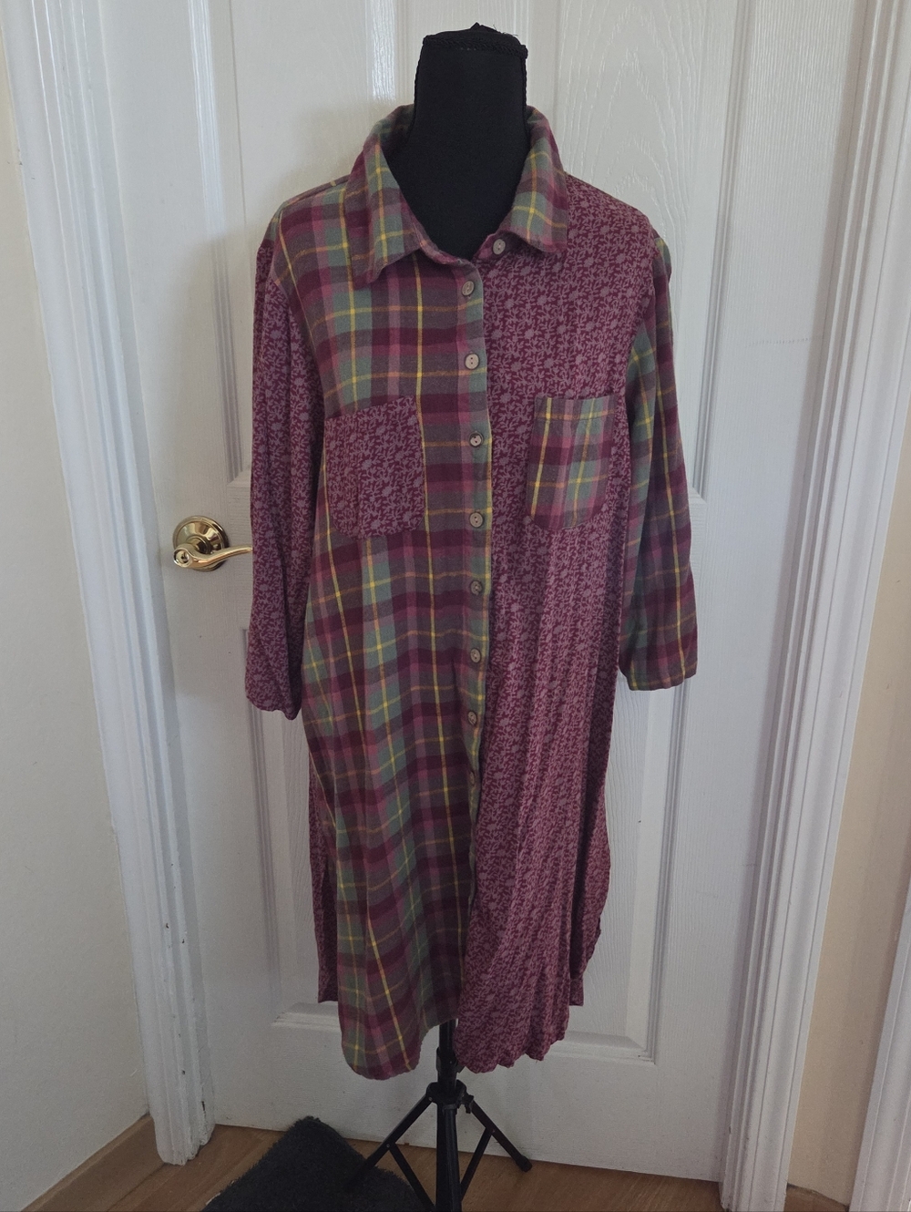 April Cornell Patchwork Midi Dress Wine & Green Plaid Floral Print Button Down L